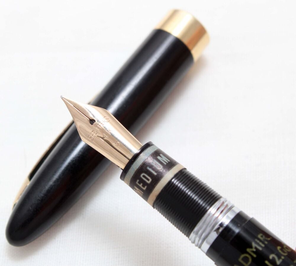 5080 Sheaffer Admiral Snorkel Fountain Pen in Black, c1952, Smooth Medium FIVE STAR Nib. Mint with chalk marks.