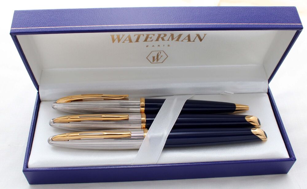 5087 Watermans Carene Fountain Pen, Rollerball and Ball Pen Set in Blue and Silver. Mint and Boxed. Smooth Broad 18ct FIVE STAR Nib.