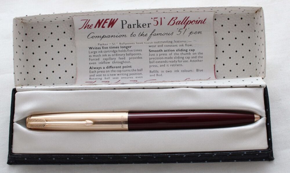 5100 Parker 51 Ball Pen in Burgundy with a Rolled gold Cap. Mint and Boxed.