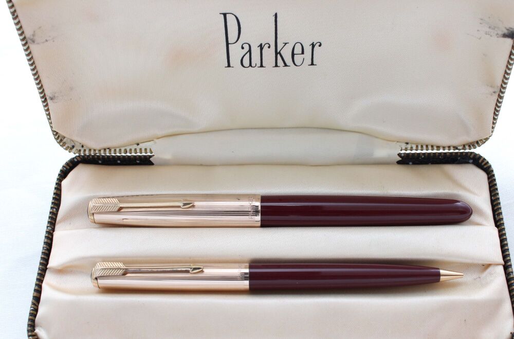5115 Parker 51 Double Set in Burgundy with Rolled Gold Caps. Medium FIVE STAR Nib. Mint and Boxed.
