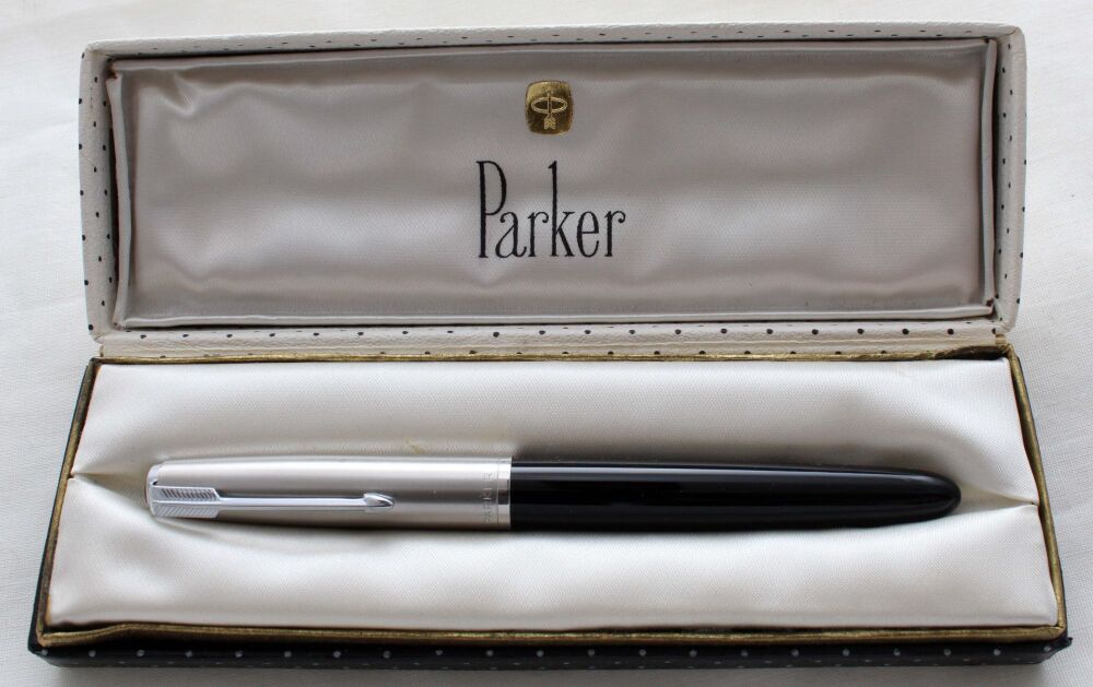 5117 Parker 51 Aerometric in Black with a Frosted Lustraloy Cap. Smooth Medium Nib. Mint and Boxed.