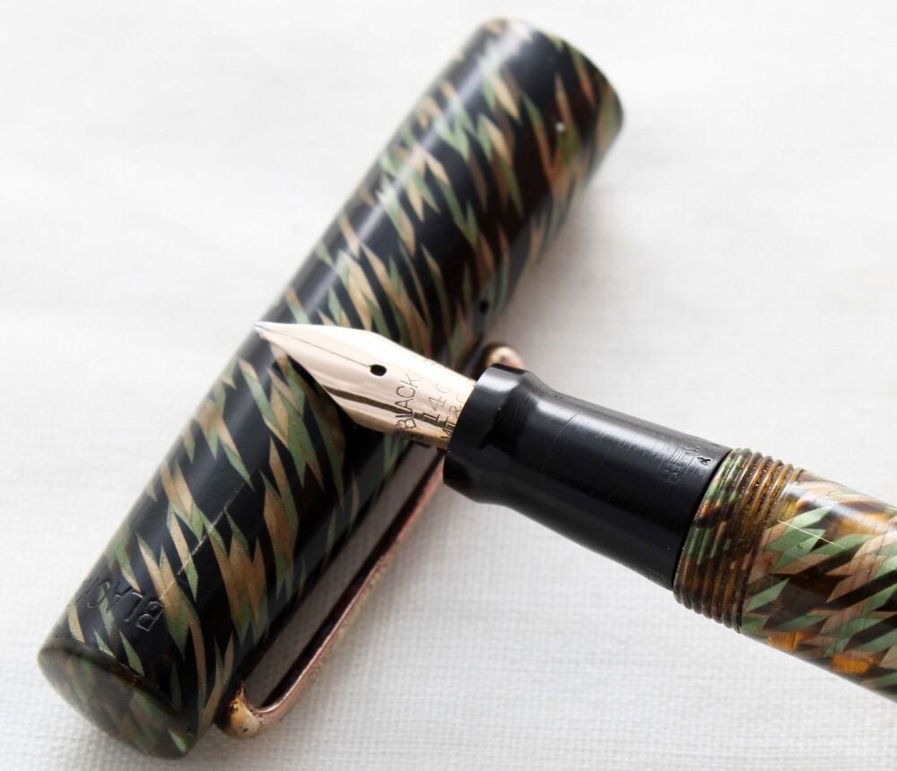 5134 - Blackbird (Mabie Todd) BT200/81 Bulb Filler Fountain Pen in Green, gold and Black Helical Marble, c.1938. Medium Semi Flex STAR Nib.