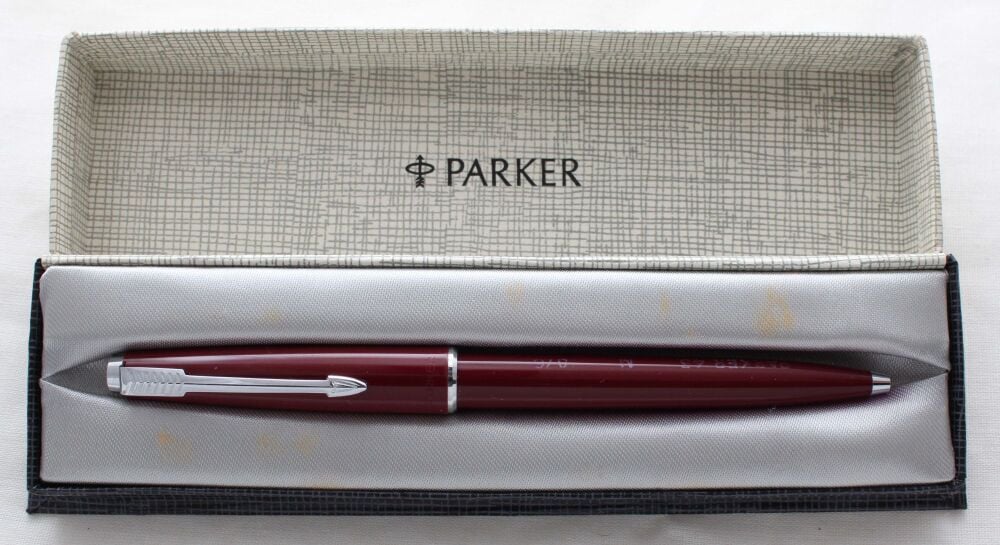 5192 Parker 45 CT Ball Pen in Burgundy. Mint with chalk marks and Boxed.