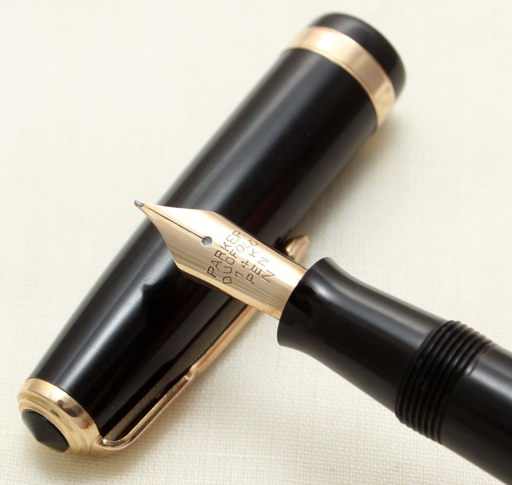 5264 Parker Duofold AF Button Filler in Classic Black. Medium FIVE STAR Nib.