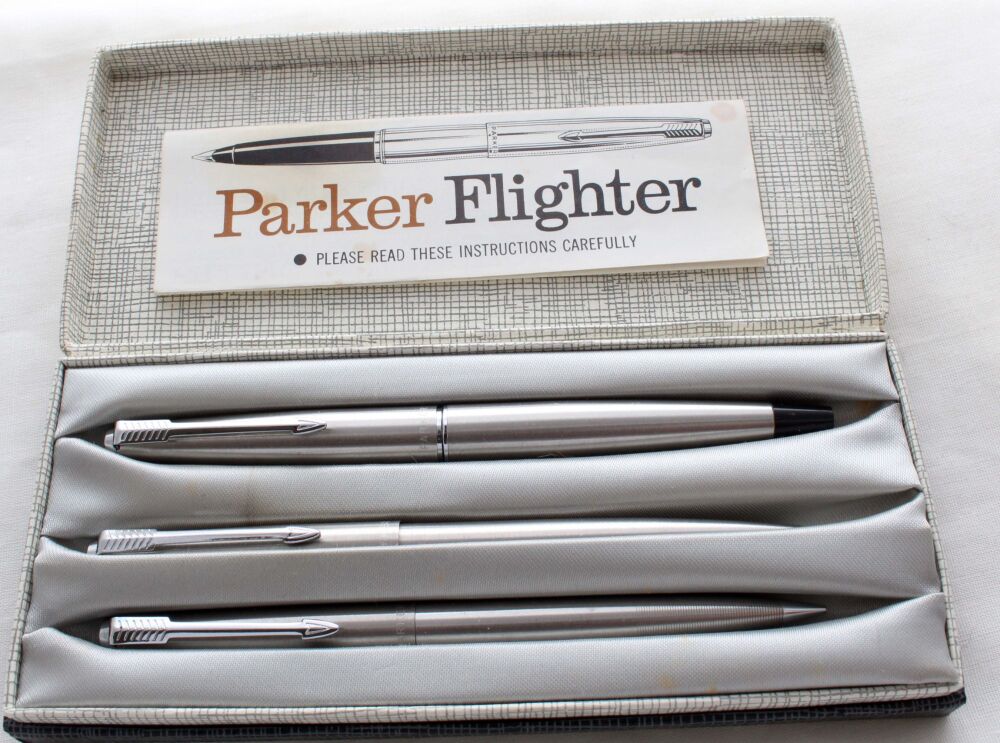 5288 Parker 45 Flighter Triple Set in Brushed Steel with Gold trim. Mint and Boxed. Medium Nib.
