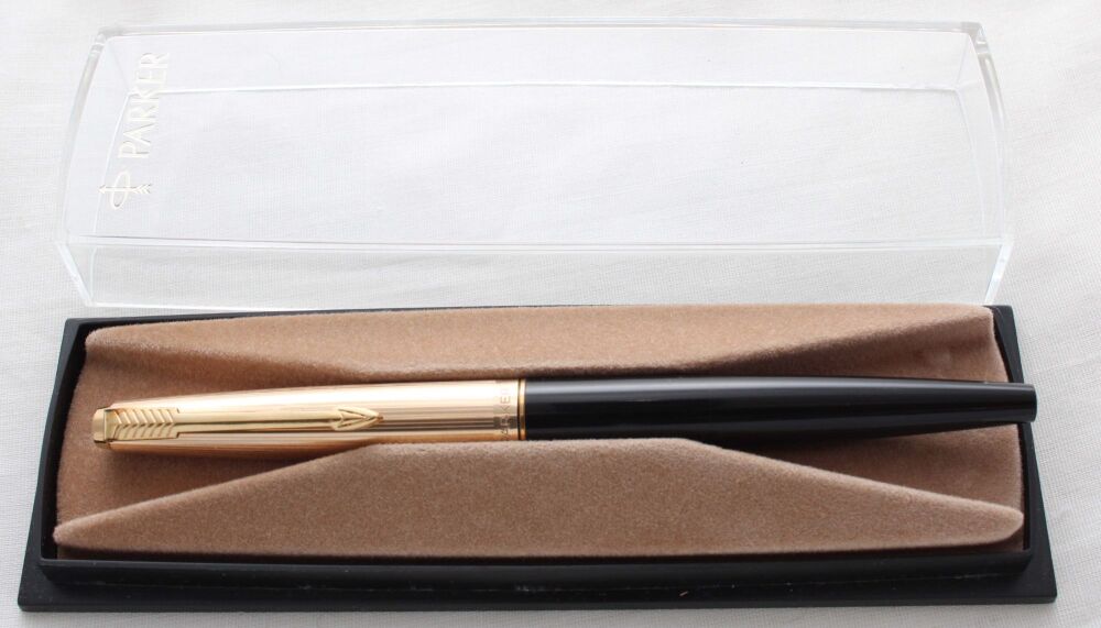 5295 Parker 45 Custom in Black with a Rolled Gold Cap. Smooth Broad Nib. Mint and Boxed.