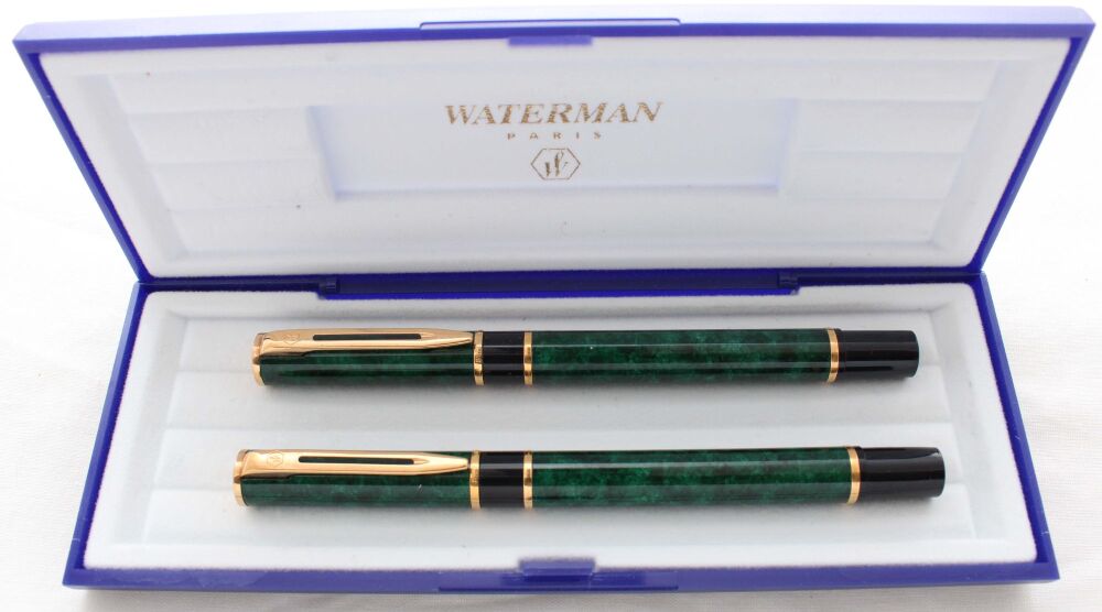 5306 Watermans Laureat Fountain Pen and Rollerball set in Green Marble, Medium Nib. Mint and Boxed.