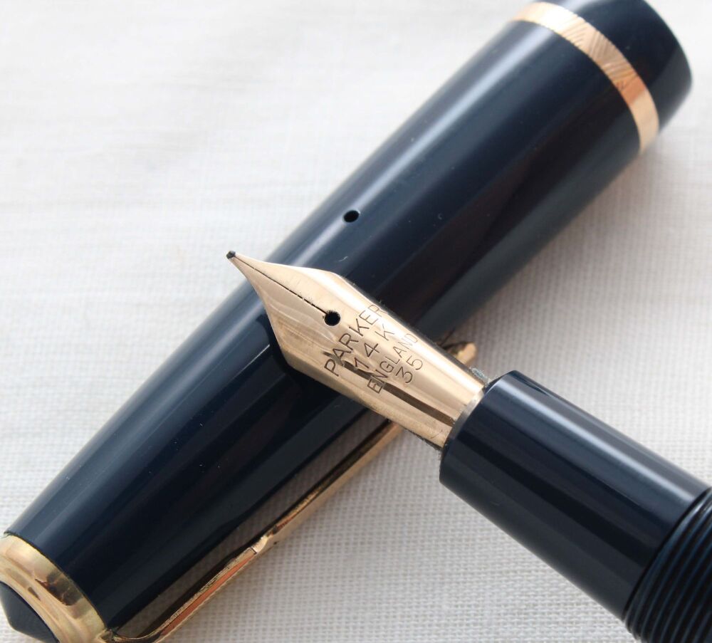 5307 Parker Duofold Senior in Blue, c1965. Smooth Fine FIVE STAR Nib. Boxed