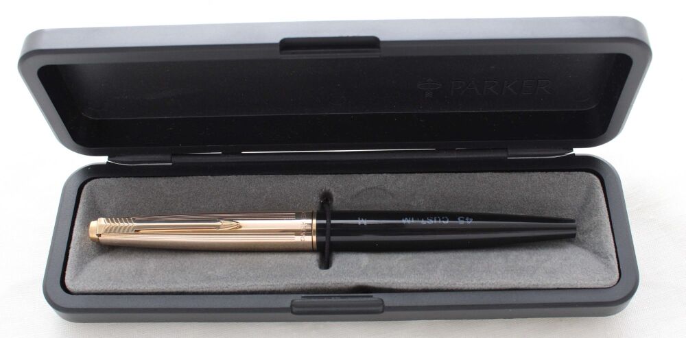 5318 Parker 45 Custom Fountain Pen in Black with a Rolled Gold Cap. Medium FIVE STAR Nib. Mint and Boxed.