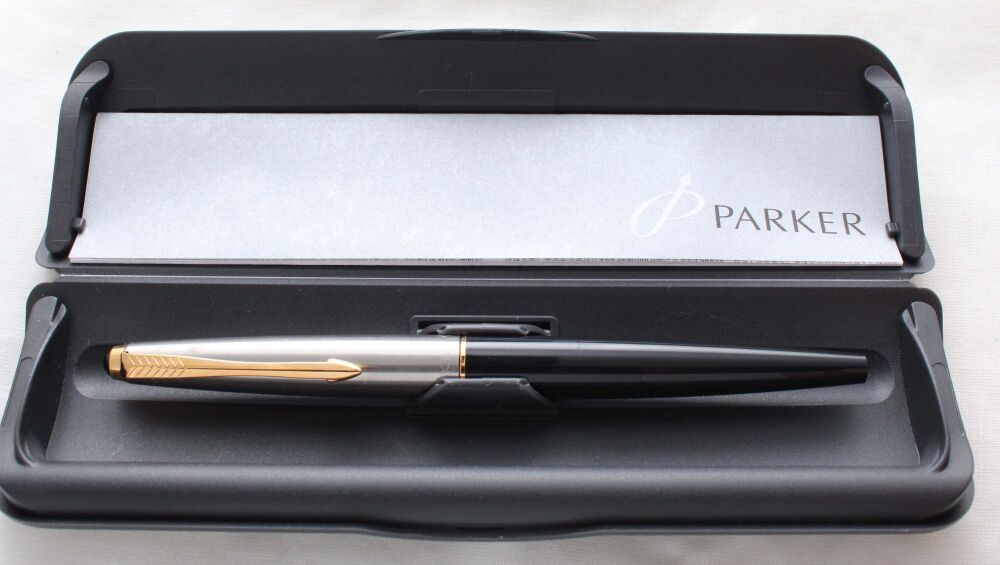 5341 Parker 45 GT in Black with a Brushed Steel cap. Medium Nib, Mint and Boxed.