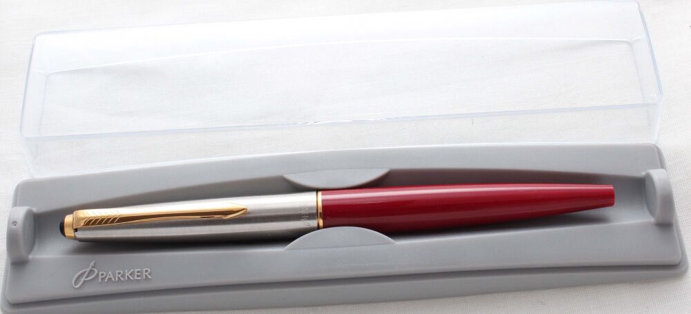 5325 Parker 45 GT in Burgundy with a Brushed Steel cap. Fine Nib, Mint and Boxed.