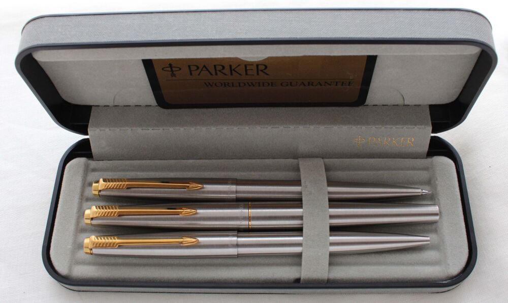 5328 Parker 45 Flighter Triple Set in Brushed Steel with Gold trim. Medium FIVE STAR Nib. Mint and Boxed.