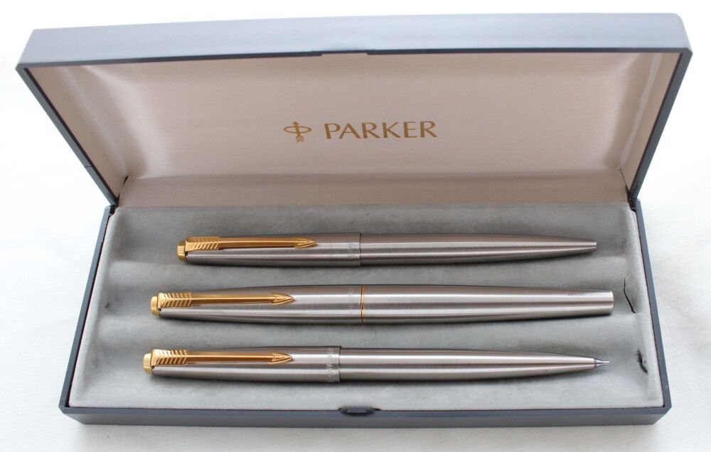 5330 Parker 45 Flighter Triple Set in Brushed Steel with Gold trim. Medium FIVE STAR Nib. Mint and Boxed.