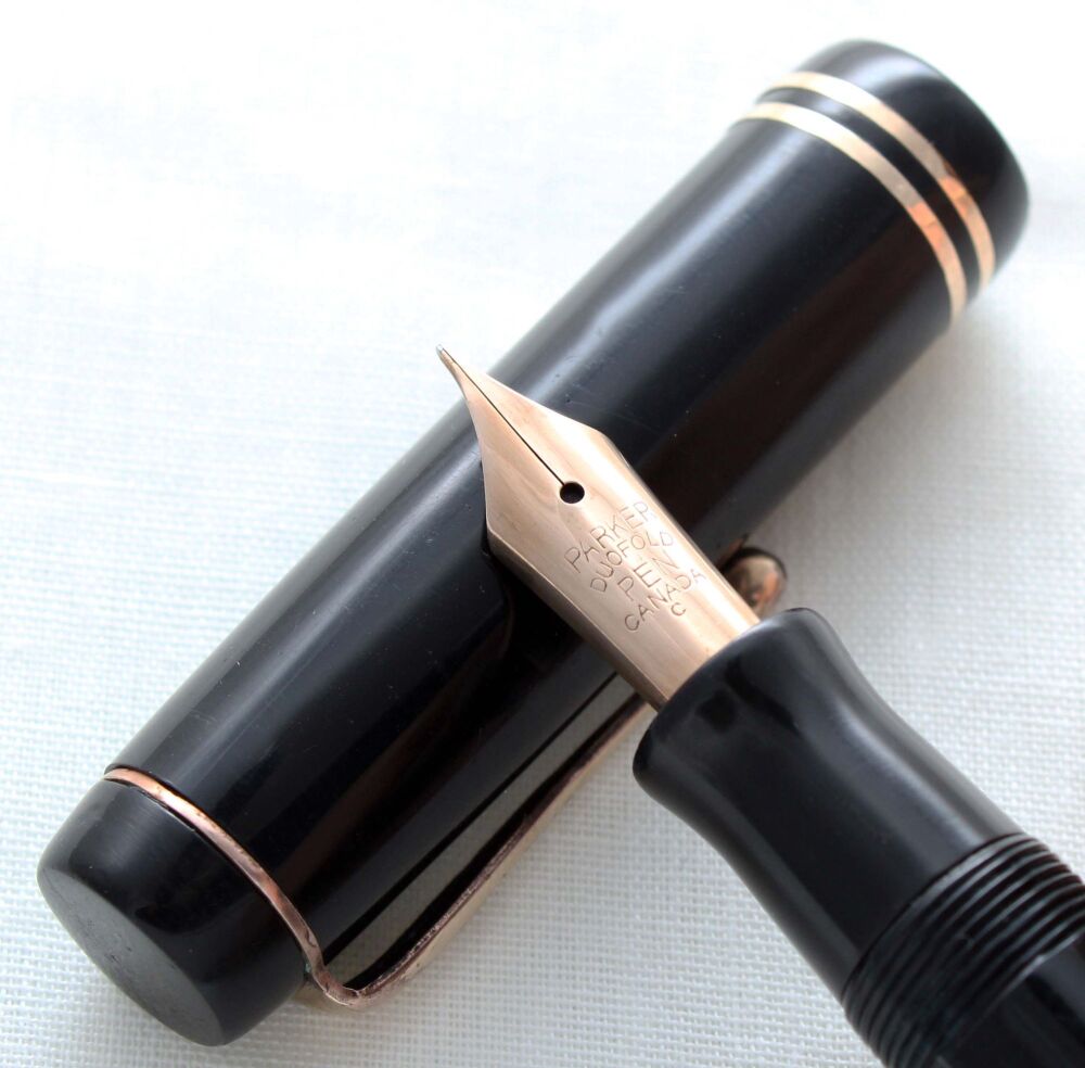 5145 Parker Duofold Streamlined Senior in Classic Black, Smooth Fine Italic FIVE STAR Nib.