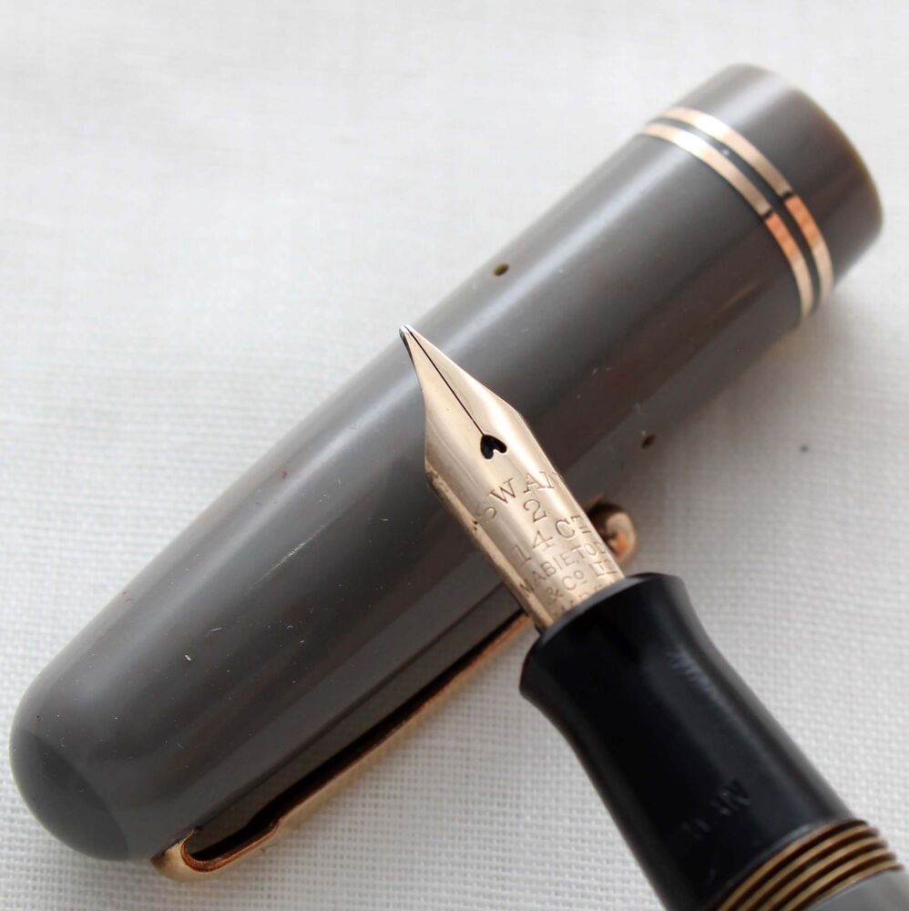 5151 Swan (Mabie Todd) Self Filler 3230 Fountain Pen in Grey with Gold Trim. Smooth Medium semi flexible FIVE STAR Nib.