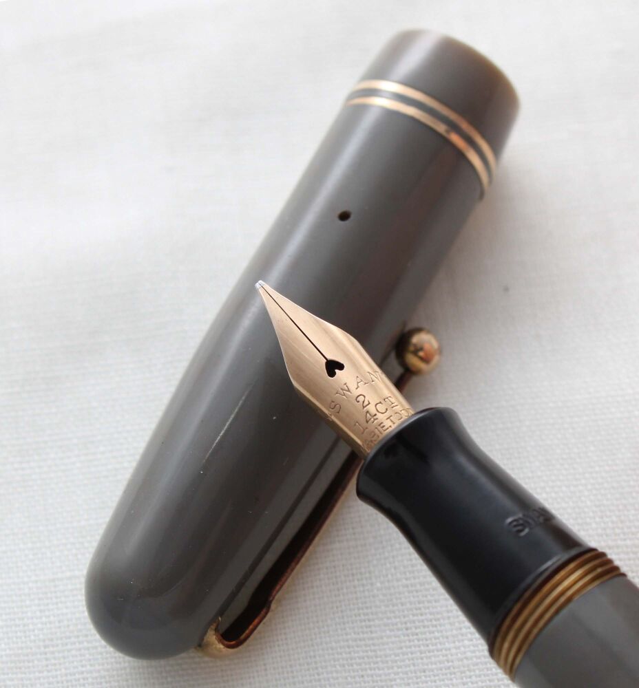 5153 Swan (Mabie Todd) Self Filler 3230 Fountain Pen in Grey with Gold Trim. Smooth Medium semi flexible FIVE STAR Nib.