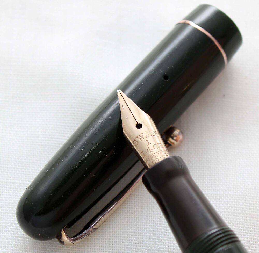 5154 Swan (Mabie Todd) 3140 Self Filling Fountain Pen in Dark Green with Gold filled Trim. Smooth Medium Italic Flex FIVE STAR Nib.