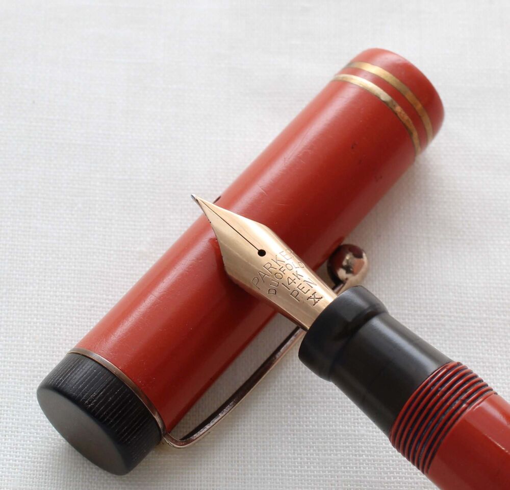 5365 Parker Duofold Junior Lucky Curve in Chinese Red, c1928, Fully Original, Fantastic Fine Flex FIVE STAR Nib.