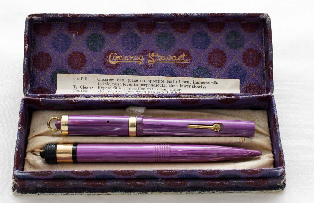 5366 Rare and Early Conway Stewart No526A Dinkie Fountain Pen and Propelling Pencil Set in Pink and Mauve toothpaste. Superb Medium Flex FIVE STAR nib