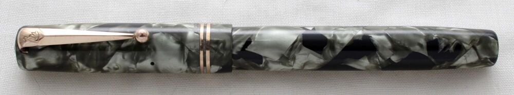 5205 Swan (Mabie Todd) Self Filling Fountain Pen in Grey and Green Marble. Medium Oblique Italic FIVE STAR Nib.