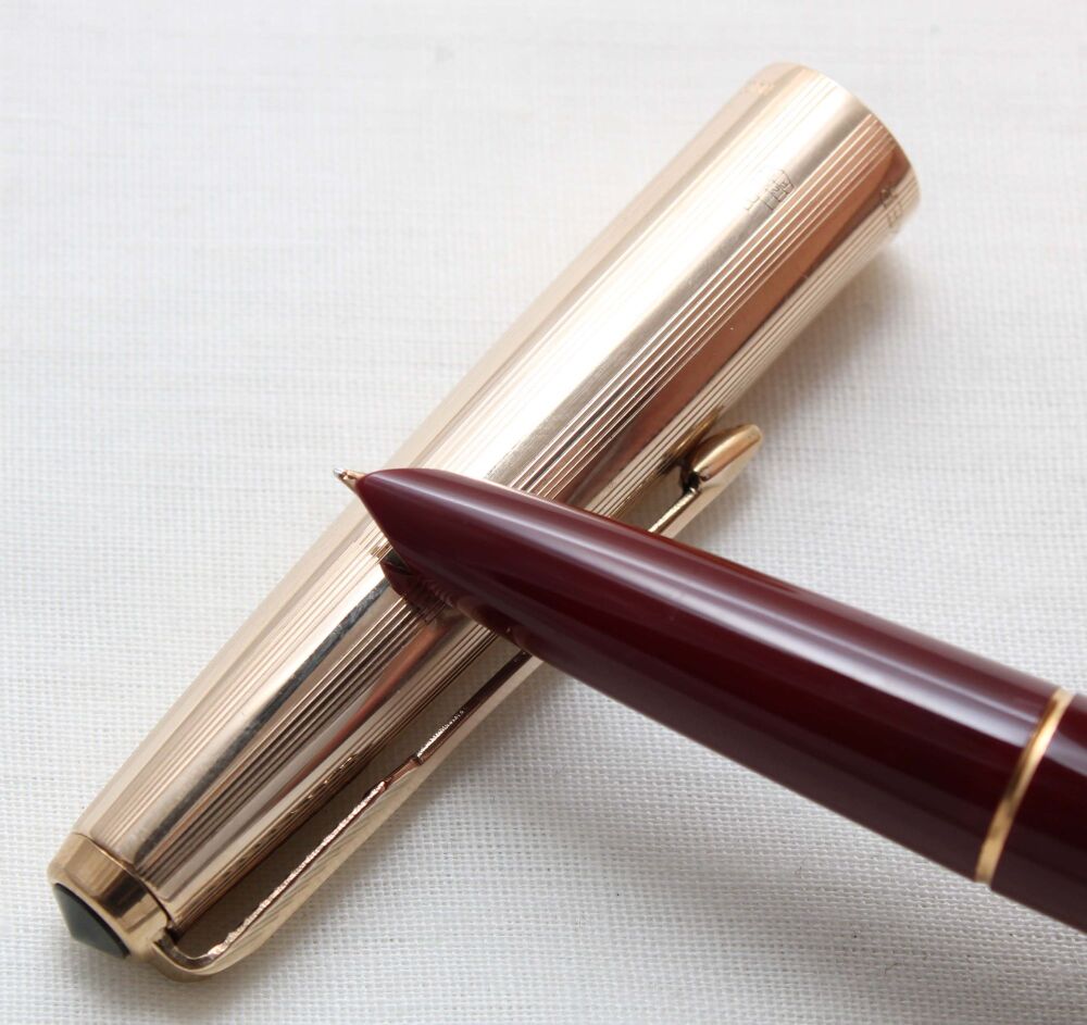 5398M Parker 51 Aerometric MkIII in Burgundy with a Rolled Gold Cap, Smooth Fine FIVE STAR Nib. Mint with Chalk Marks.