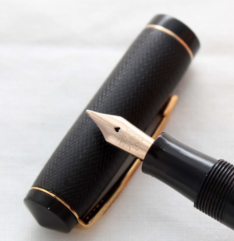 5266 Stephens Leverfil 106 Fountain Pen in Black chased Hard Rubber, Fine Flex FIVE STAR Nib. Mint and Boxed.