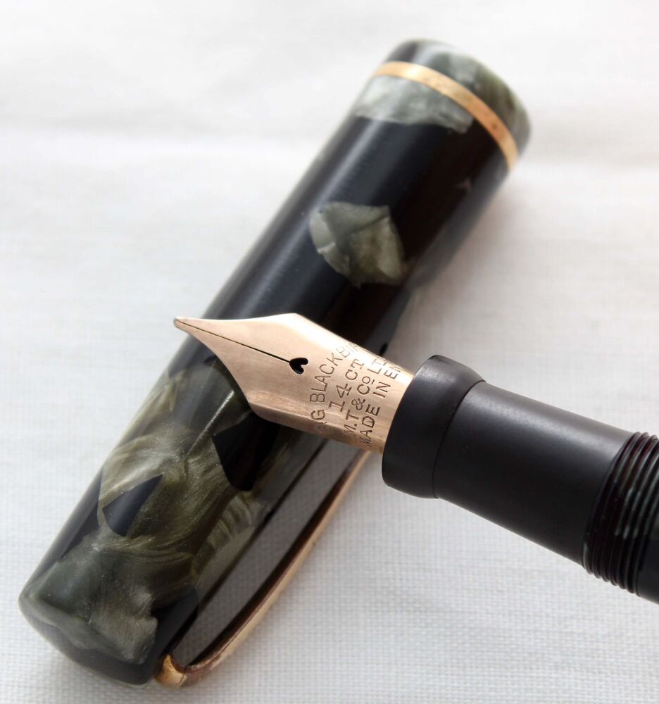 5370. Superb Early Blackbird (Mabie Todd) Gaviota Gigante Fountain Pen in Grey, Green and Black Marble. Fine Semi Flex FIVE STAR Nib.