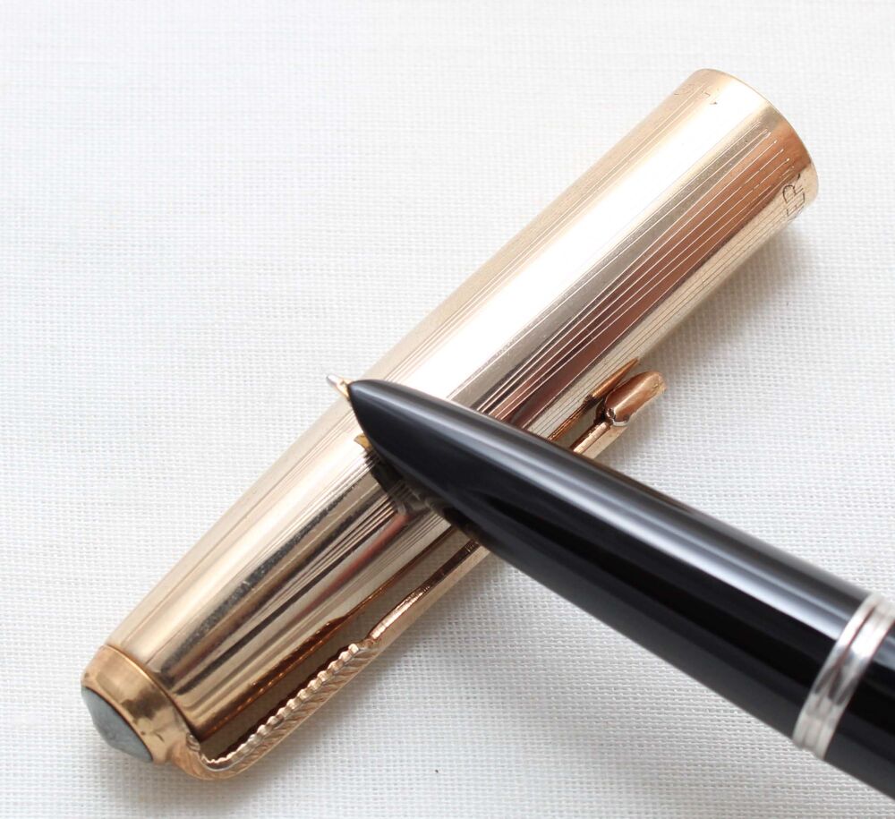 5411M Parker 51 Aerometric in Black with a Rolled Gold Cap. Medium FIVE STAR Nib.