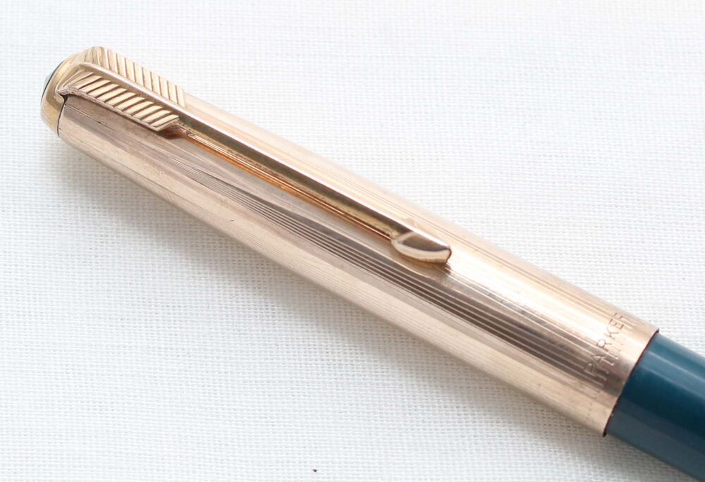 5414M Parker 51 Ball Pen in Teal Blue with a Rolled Gold Cap. Metal Threads.