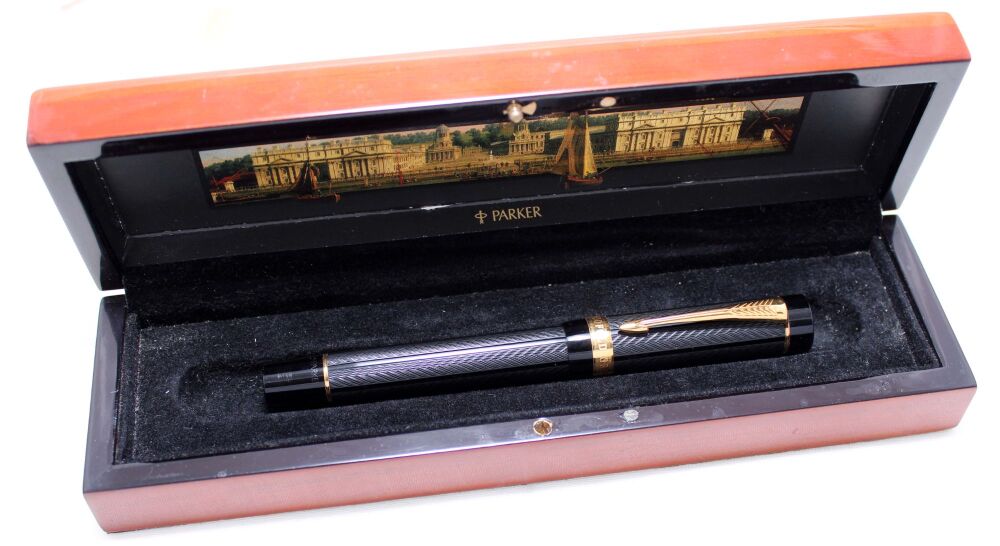 5448M Special Edition Parker Duofold Centennial "Greenwich" Fountain Pen in Black, Fine 18ct FIVE STAR Nib. Mint and Boxed.