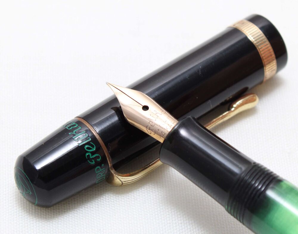 5432 Pelikan 100N Fountain Pen in Black and Green Marbled Celluloid. Fabulous Extra Fine Semi Flex FIVE STAR nib.