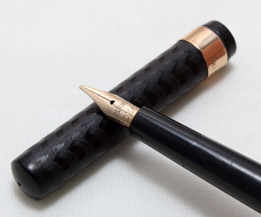 5438 Watermans Ideal No.12 Eyedropper in Black Hard Rubber with a solid 9ct gold overlay.. Fabulous Broad Italic Full Flex FIVE STAR Nib.