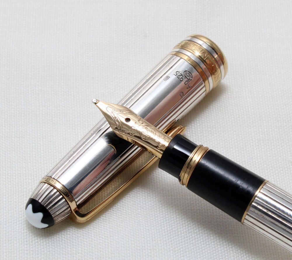 5439 Montblanc Meisterstuck SE Mozart Solitaire Fountain Pen in Lined Sterling Silver, Broad 18K FIVE STAR Nib.