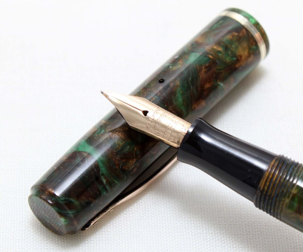 5445 Rare early Watermans Ideal No.92 in Moss Agate. Fabulous Fine Flex FIVE STAR Nib.