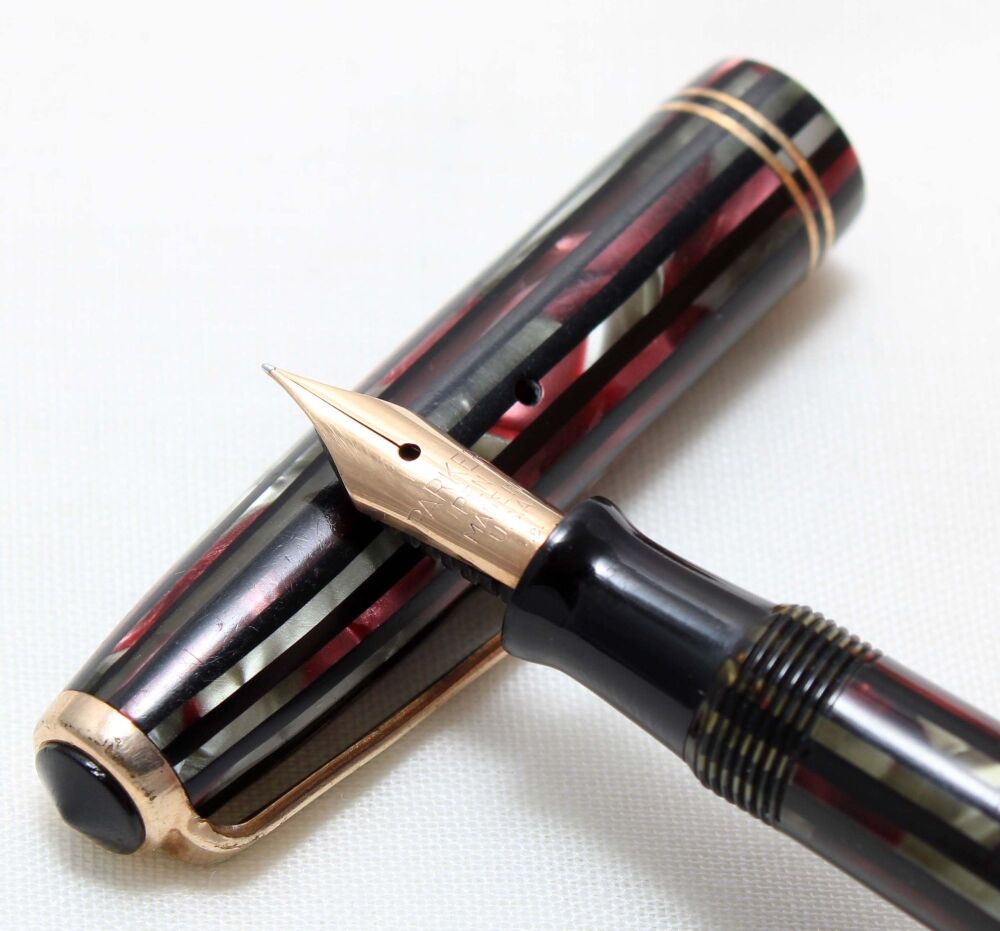 5447 Parker DuoVac Fountain Pen in Burgundy and Grey striated Marble, Fine side of Medium FIVE STAR Nib.