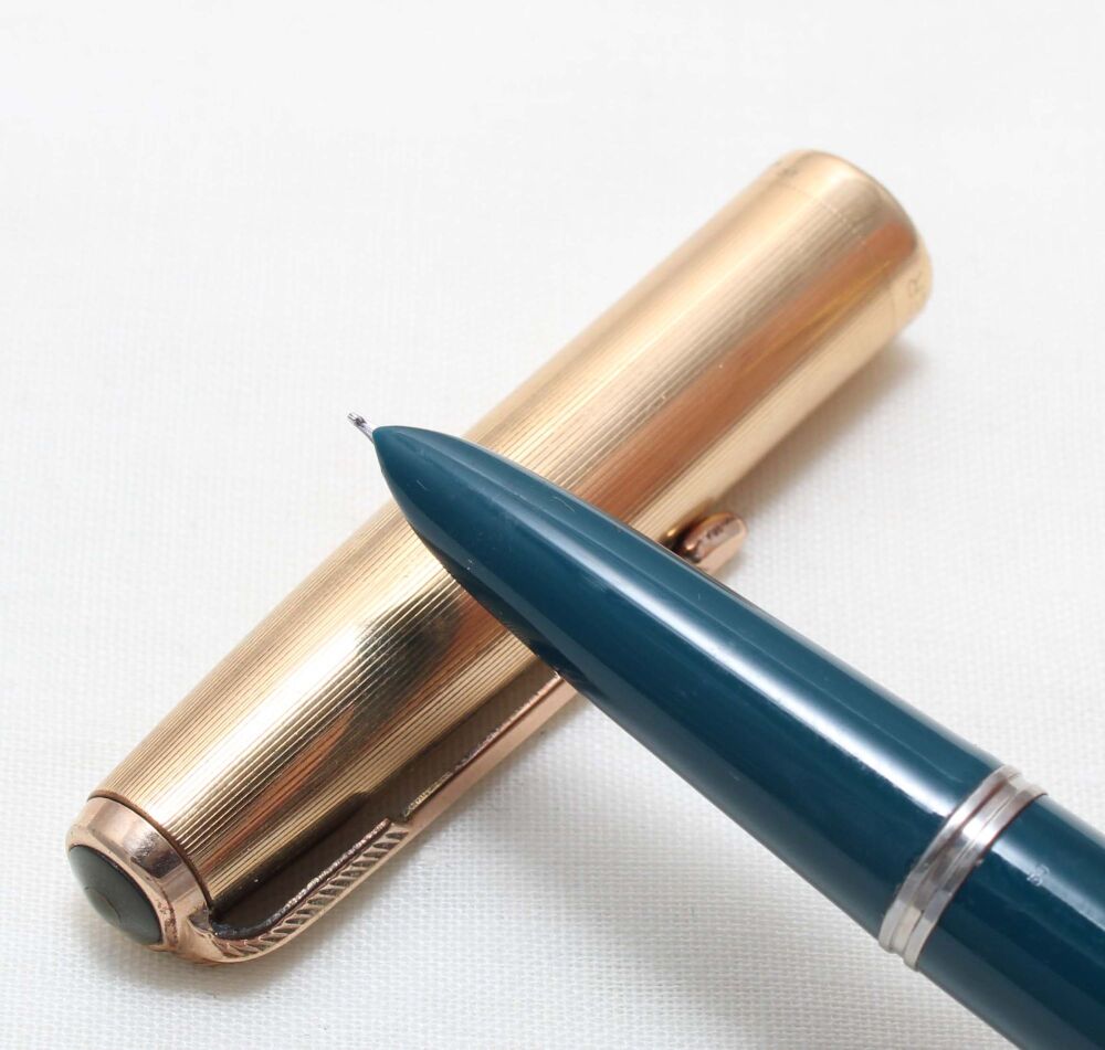 5452. Parker 51 Aerometric in Teal Blue with a Rolled Gold Cap, Smooth Fine FIVE STAR Nib.
