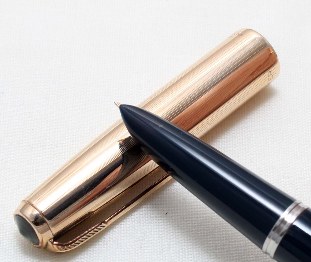 5453. Parker 51 Aerometric in Cedar Blue with a Rolled Gold Cap, Smooth Fine FIVE STAR Nib.