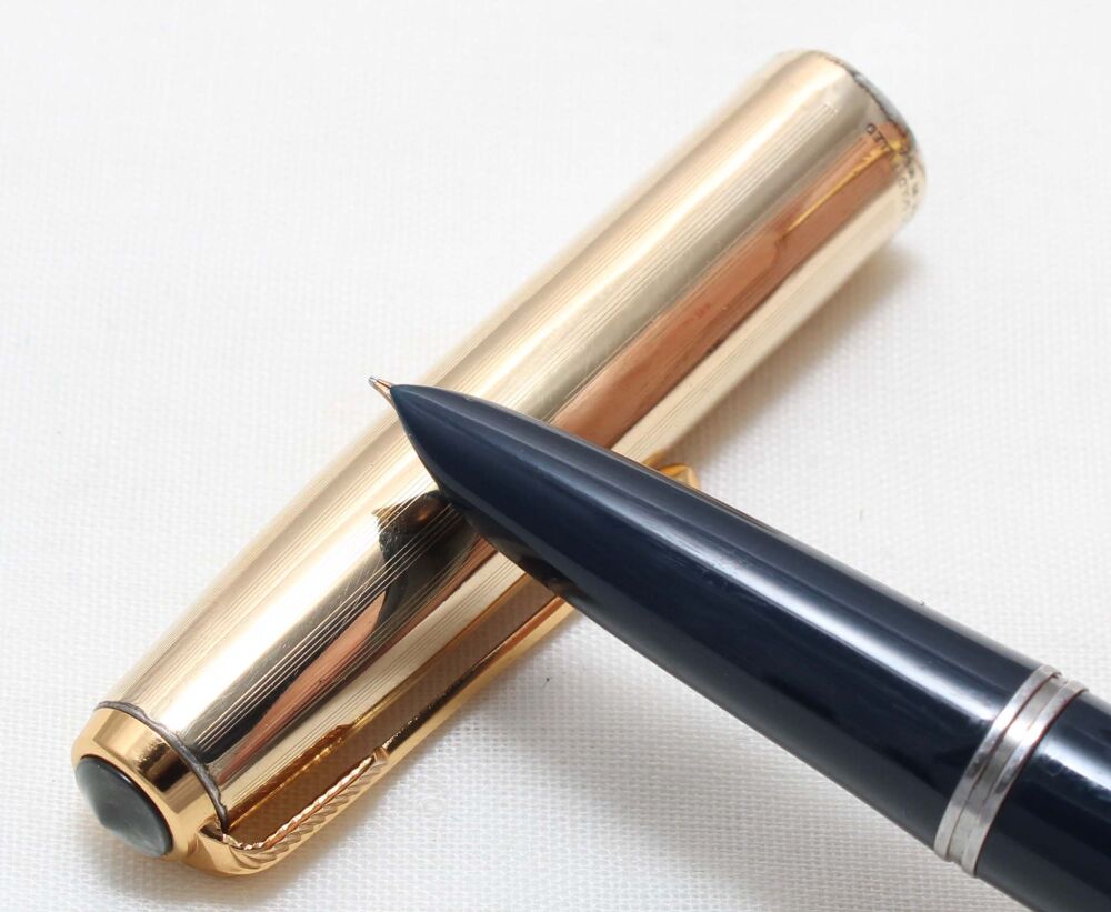 5454. Parker 51 Aerometric in Cedar Blue with a Rolled Gold Cap, Smooth Fine FIVE STAR Nib.