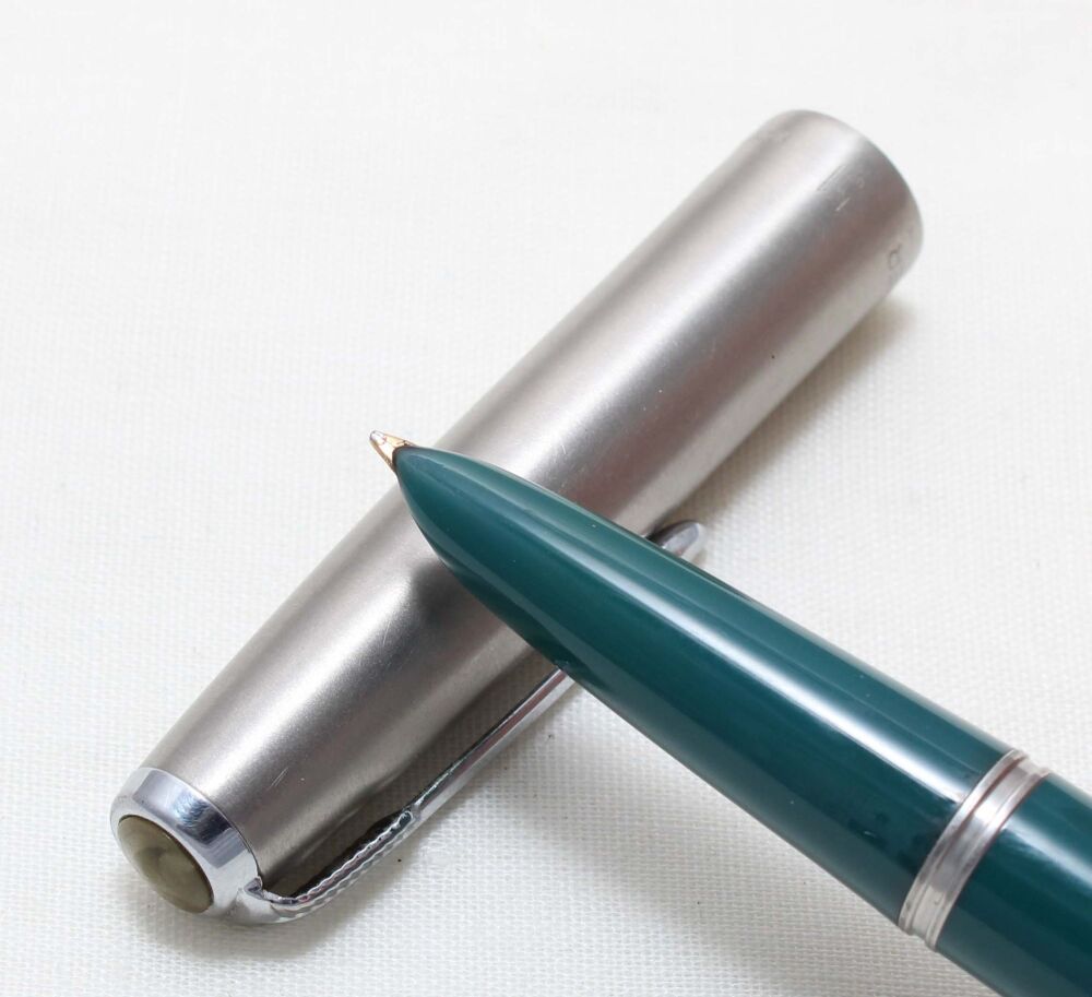 5467 Parker 51 Aerometric in Teal Blue with a Lustraloy cap. Smooth Broad side of Medium FIVE STAR Nib.