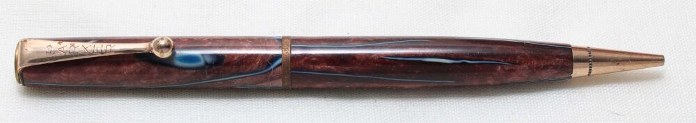 5485 Parker Moderne Propelling Pencil in Bronze and Blue Marble with Gold filled trim. c1930.