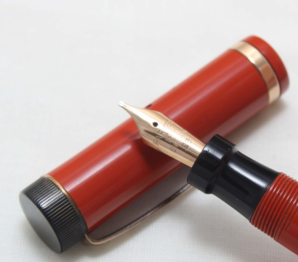 5519 Parker Duofold Junior Lucky Curve in Chinese Red, c1928, Fully Original, Fantastic Broad Oblique Italic Flex FIVE STAR Nib.