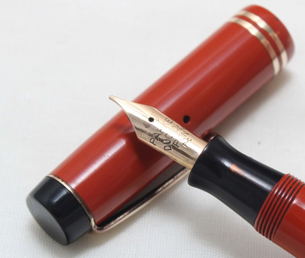 5520 Parker Duofold Junior in Chinese Red, c1930, Fully Original, Medium Semi Flex FIVE STAR Nib.