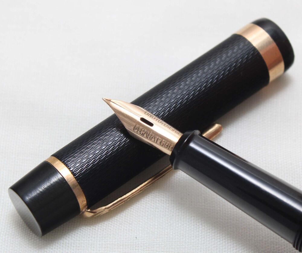 5503 Onoto "The Pen" No.6234 in Black Celluloid. Superb Fine full Flex FIVE STAR Nib. Mint.