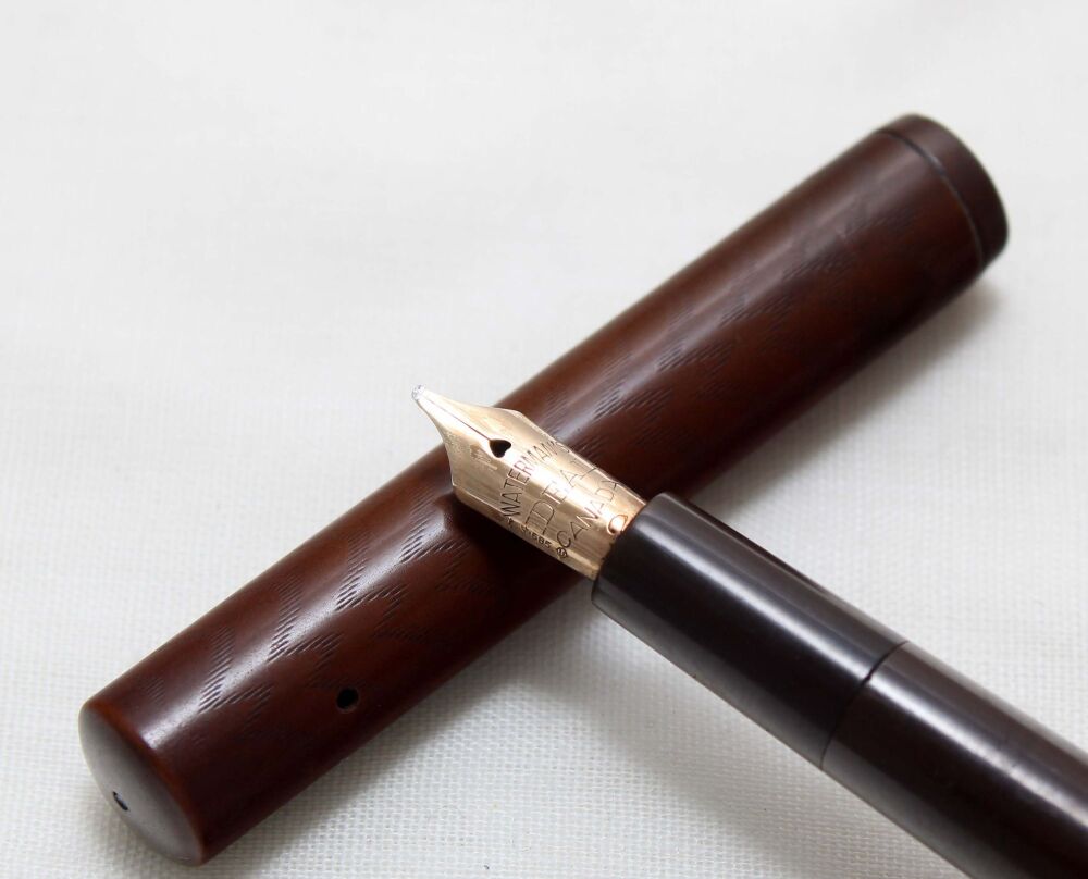 5504 Watermans Ideal No.12 Eyedropper in Black Hard Rubber with 9ct barrel bands. Fabulous Medium Oblique Italic FIVE STAR Nib.