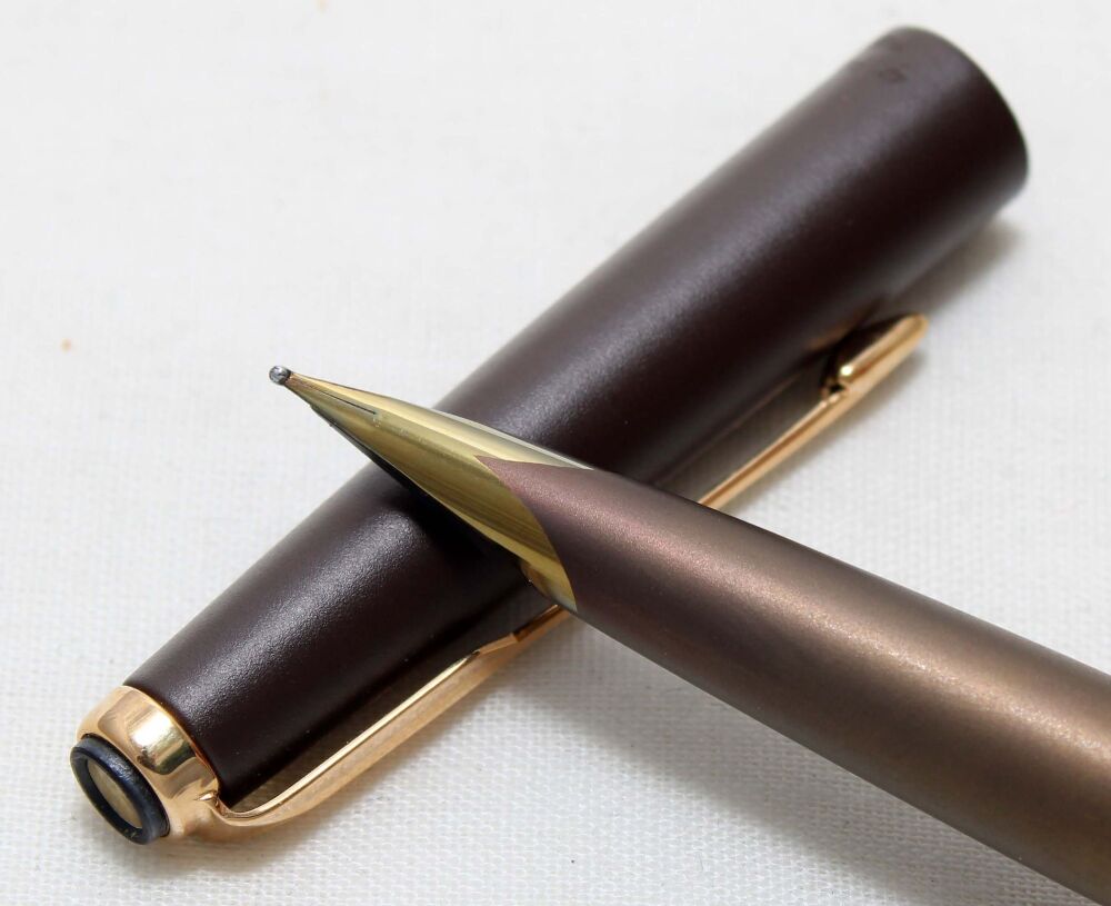5525 Parker Falcon Fountain Pen Finished in Brown Lacquer, Smooth Medium nib. Mint and Boxed.
