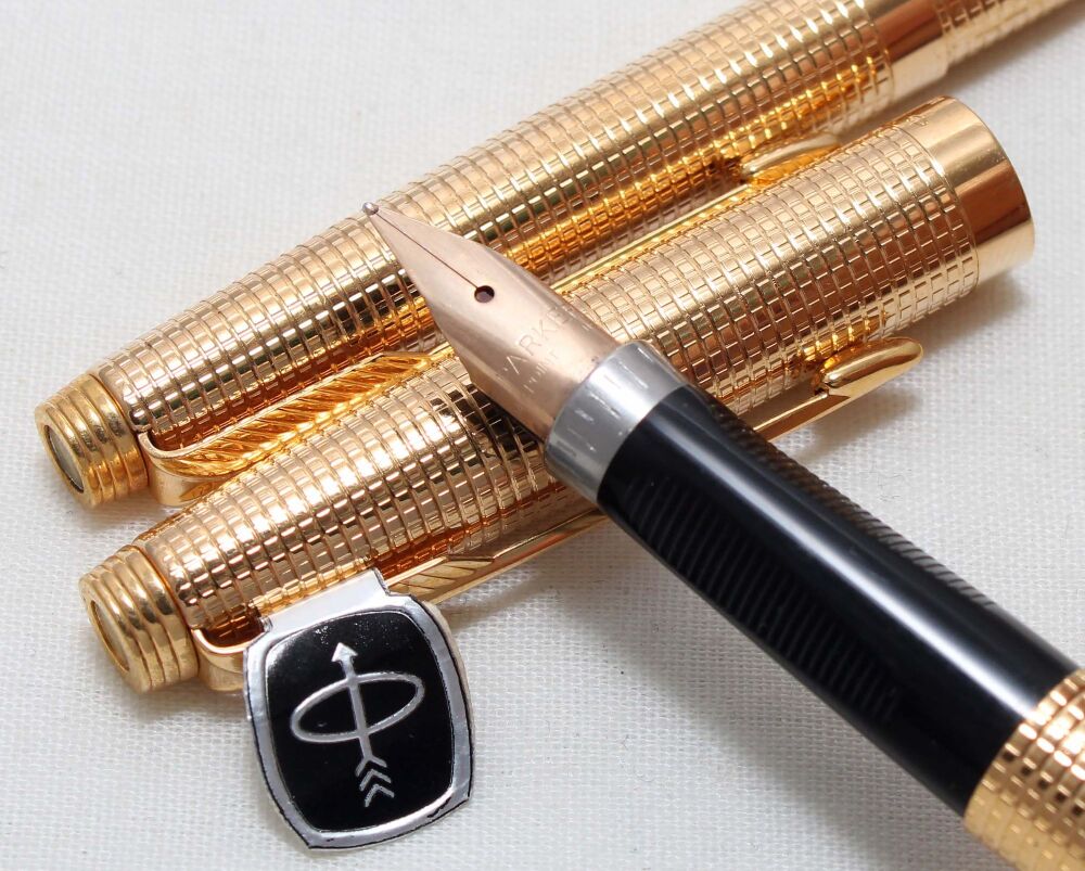 5531 Parker 75 Fountain Pen and Ball Pen set in Gold filled Tiffany Grid. Fine FIVE STAR Nib. Mint and Boxed.