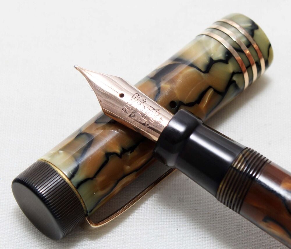 5537 Parker Duofold Senior in Black Veined Pearl Marble, c1928, Smooth Medium Italic FIVE STAR Nib.