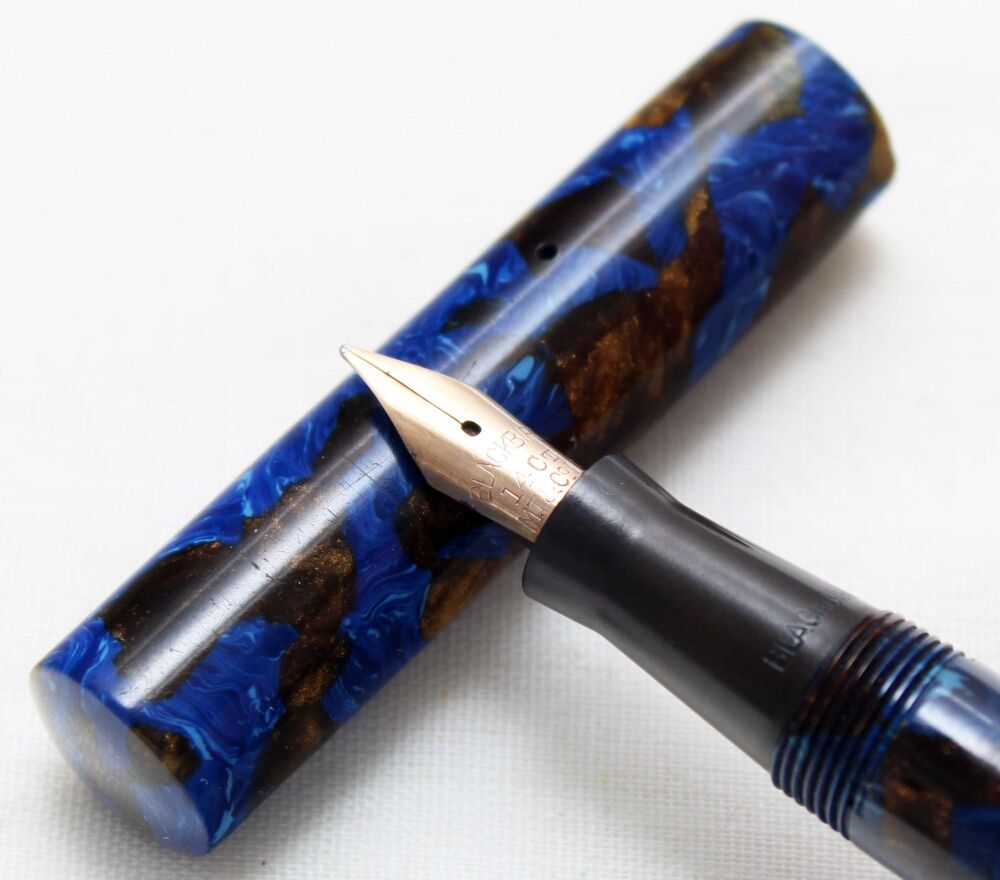5583 Blackbird (Mabie Todd) BB2/46 Self Filling Fountain Pen in Oriental Blue and Gold Marble. Medium Flex FIVE STAR Nib.