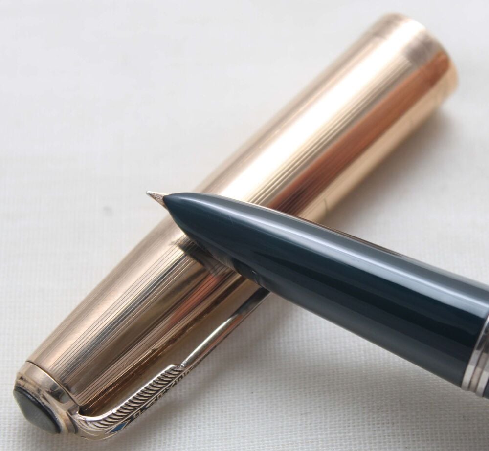 5591 Parker 51 Double Jewel Vacumatic in Cedar Blue with a Rolled Gold cap. Smooth Extra Fine FIVE STAR Nib.