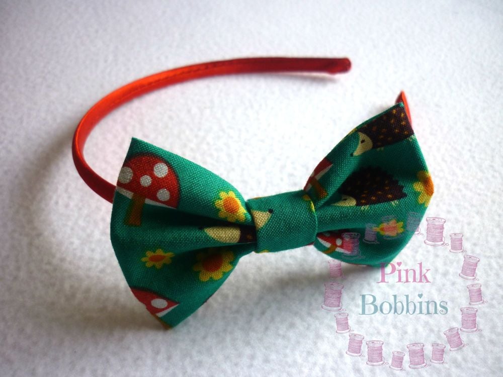 Hedgehog/toadstool woodland bow hairband - made to order 